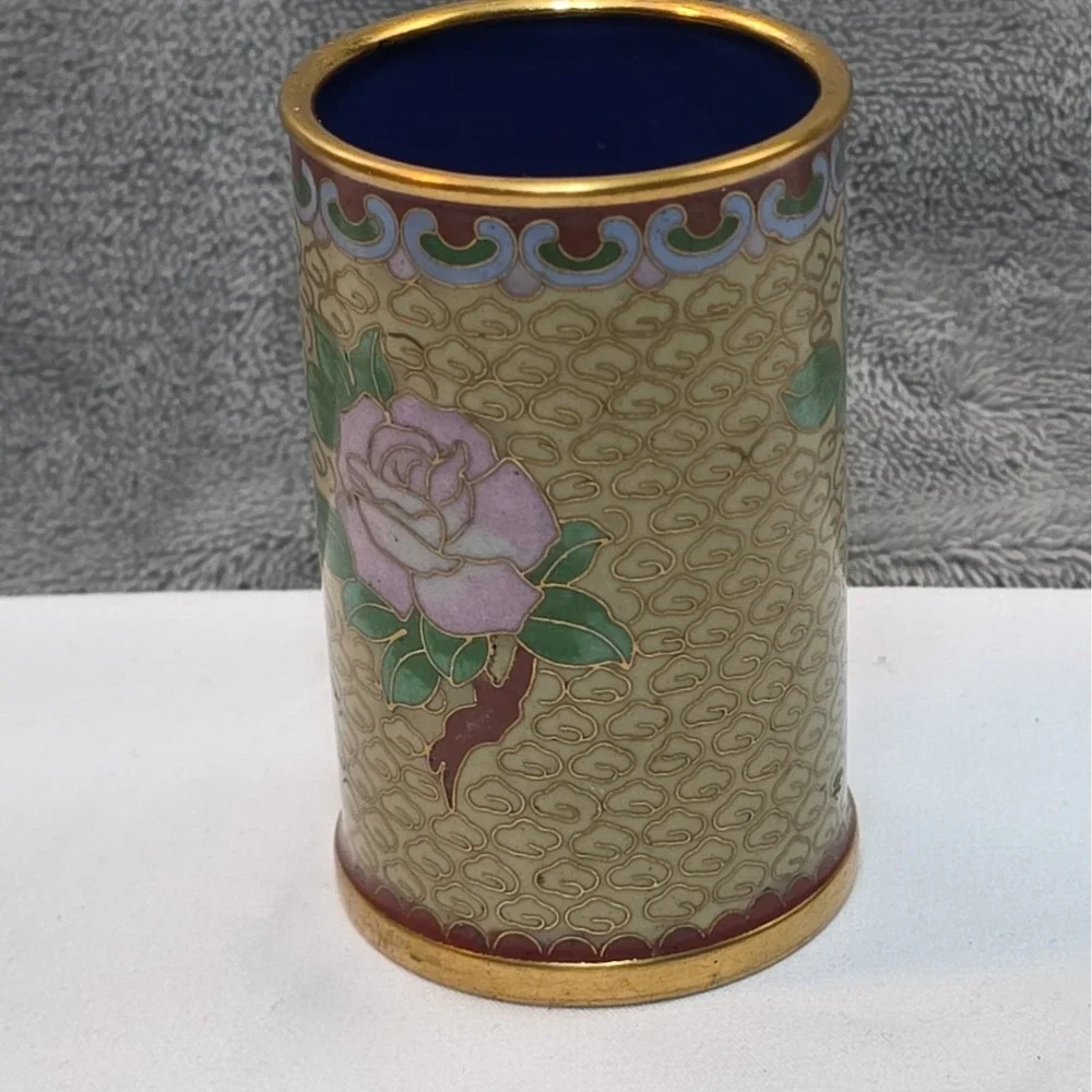 Vintage Cloisonne Enamel And Brass Rose 3